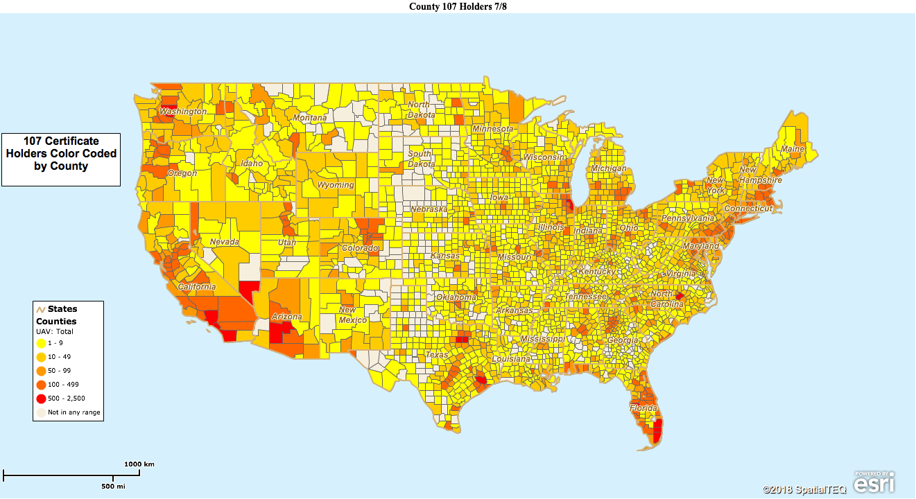 Part 107 Certificate Holders by County.